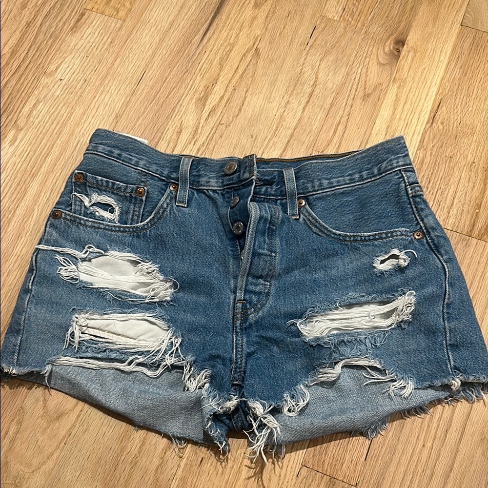 Levi's Blue High-Waisted Distressed Jean Shorts